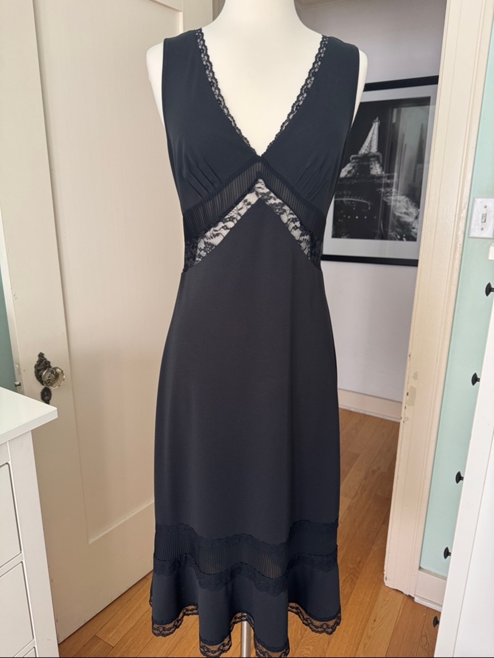 Vintage 90s Y2K Express Black Sleeveless V Neck Lace Trim Midi Slip Dress